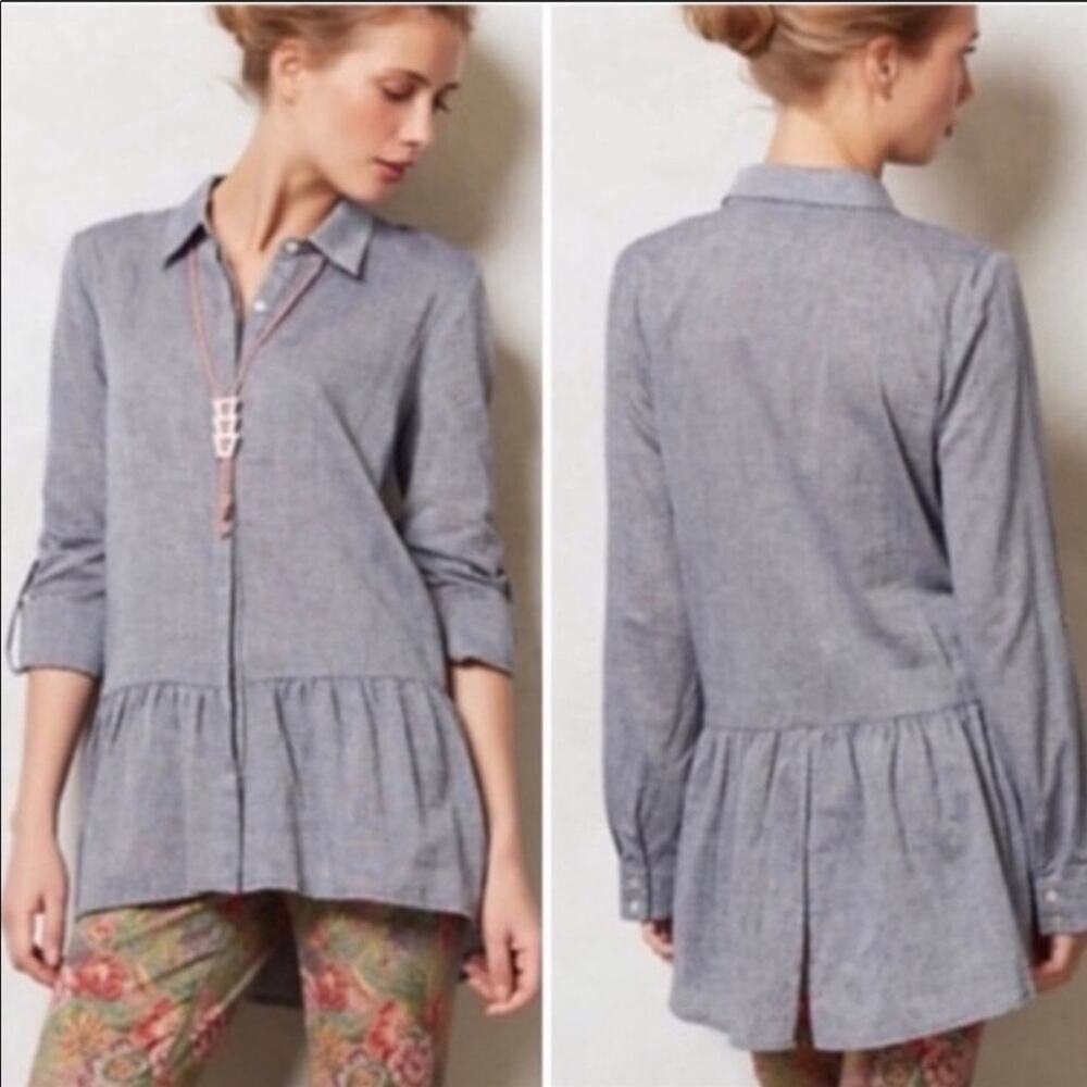 ANTHROPOLOGIE SUNDAY BROOKLYN Peplum Ruffle Chambray Button Blouse Shirt Top S